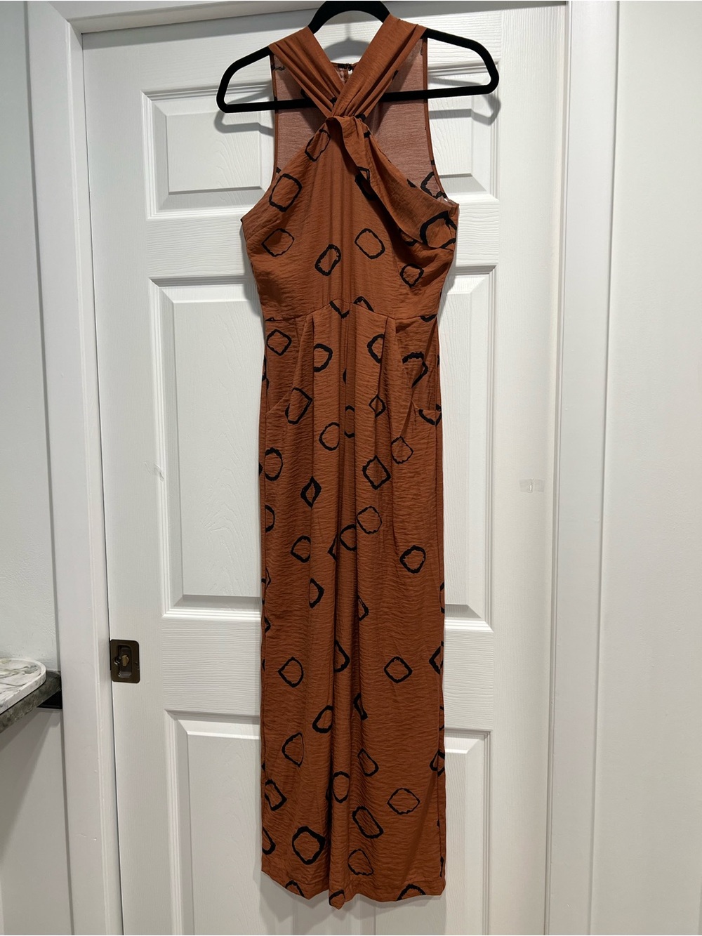 Eva Franco Rust Brown Maxi Dress with Black Geometric Print